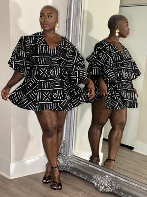 Black White African Print Peplum Blouse