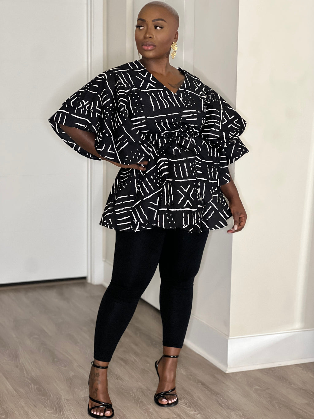 Black White African Print Peplum Blouse