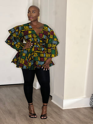 Black Red Yellow Green African Print Peplum Blouse