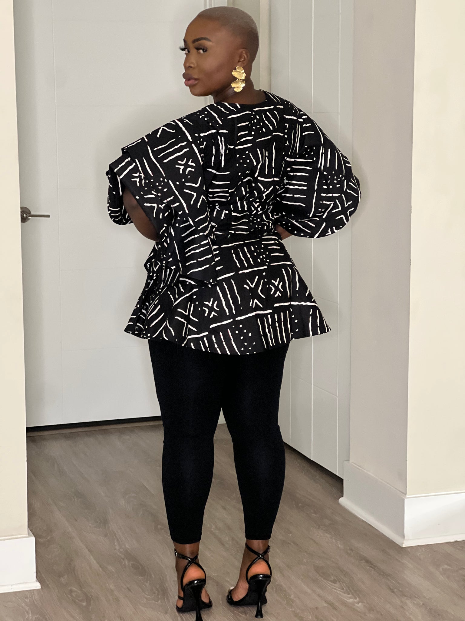 Black White African Print Peplum Blouse