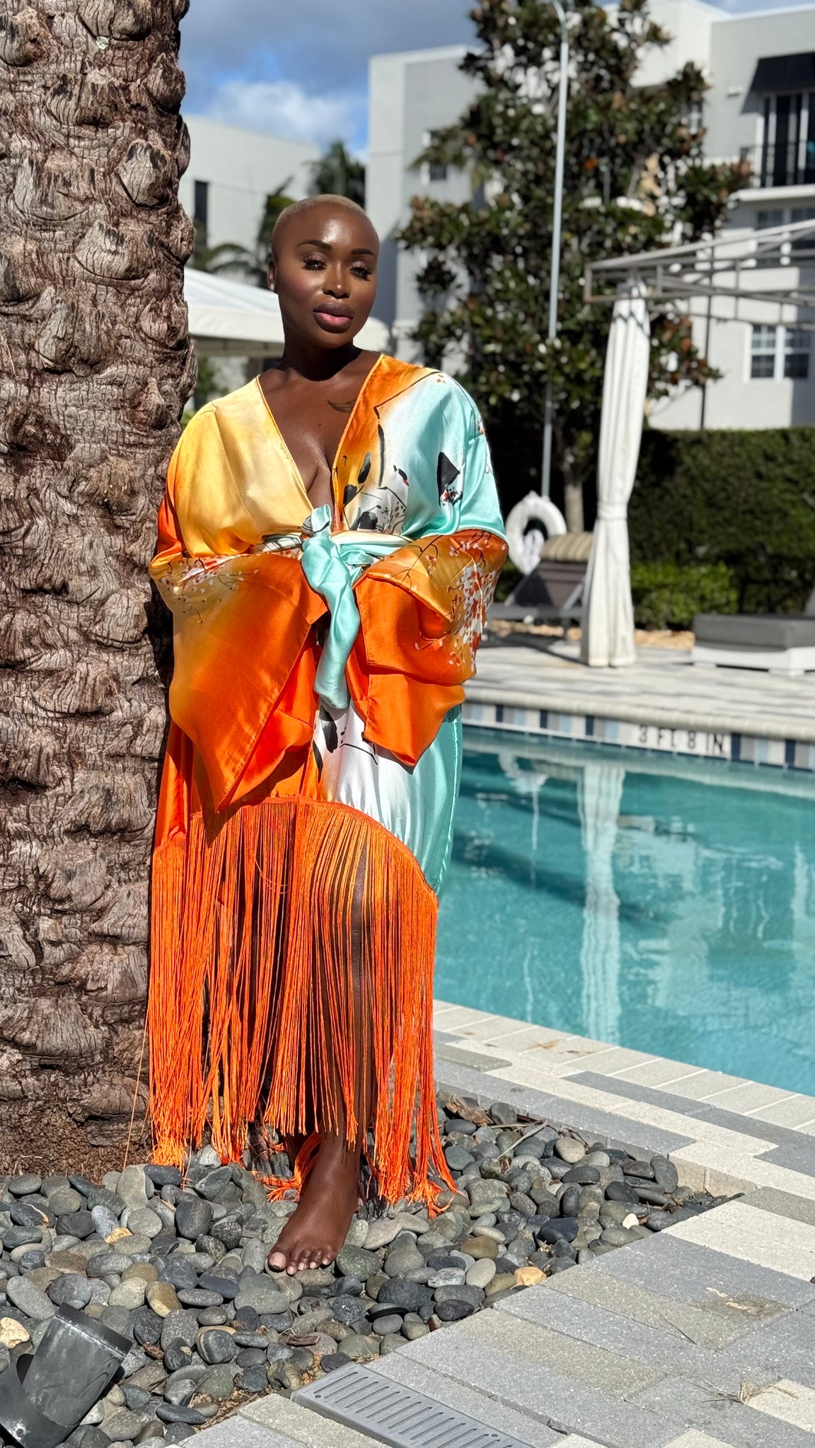 Orange Fringe Wrap Kimono Dress