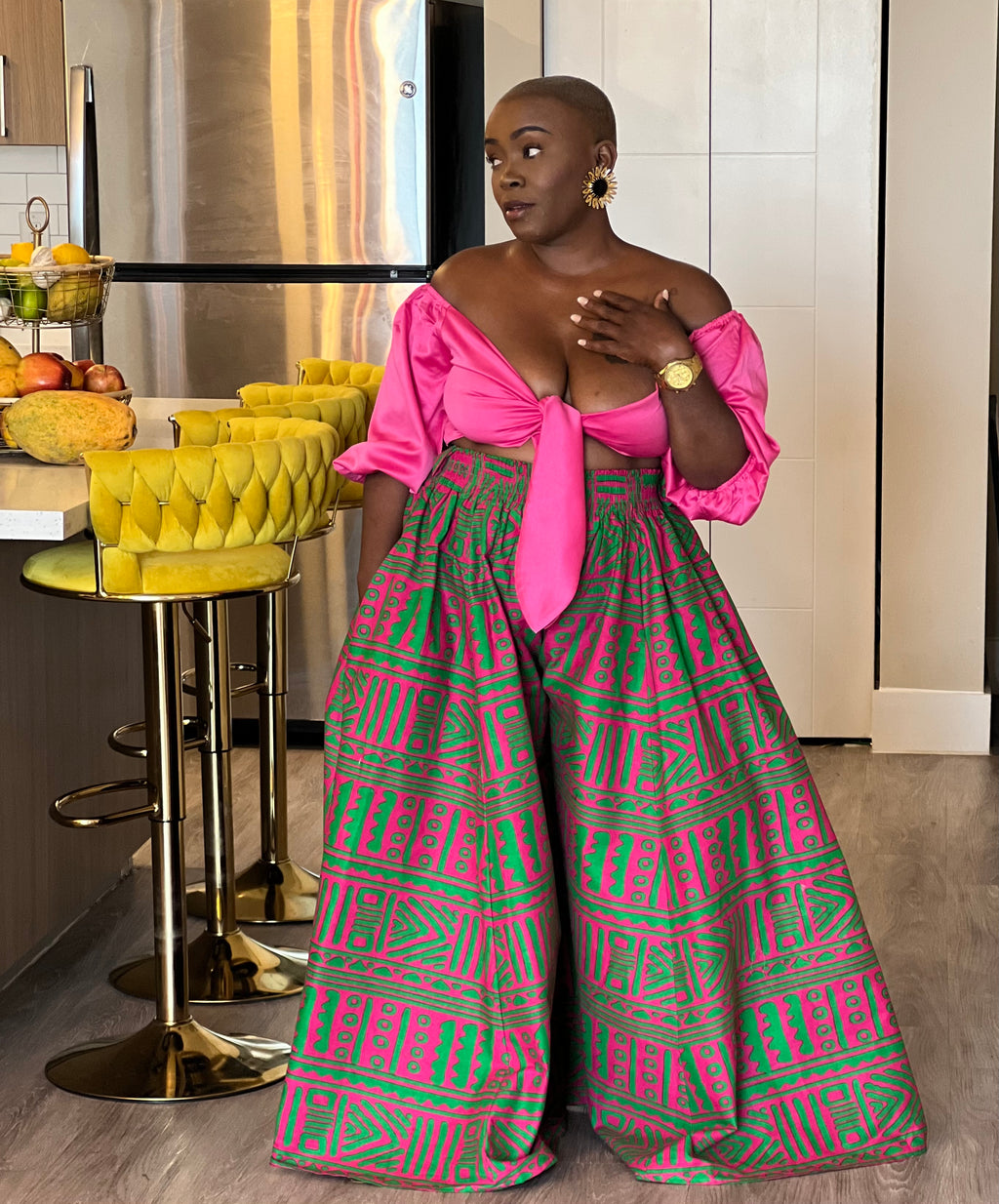 Tribal Pink and Green African Print Palazzo Pants