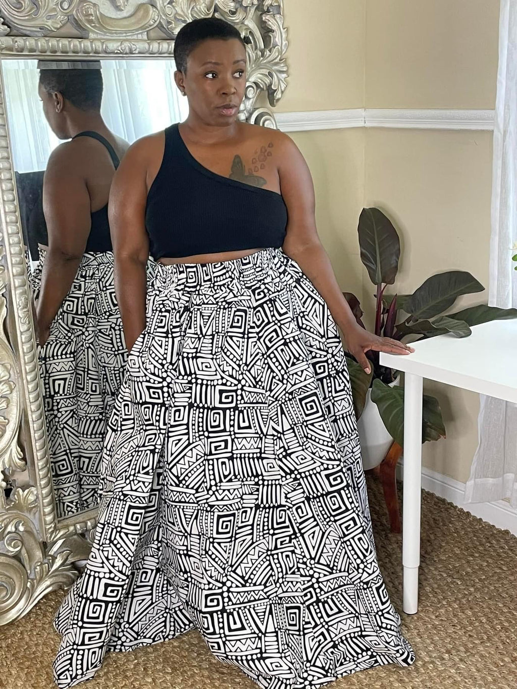 White Black Tribal African Print Skirt