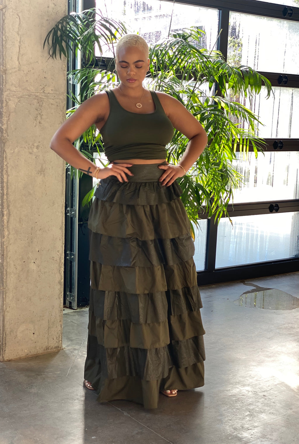 Layered Olive Faux Leather Skirt